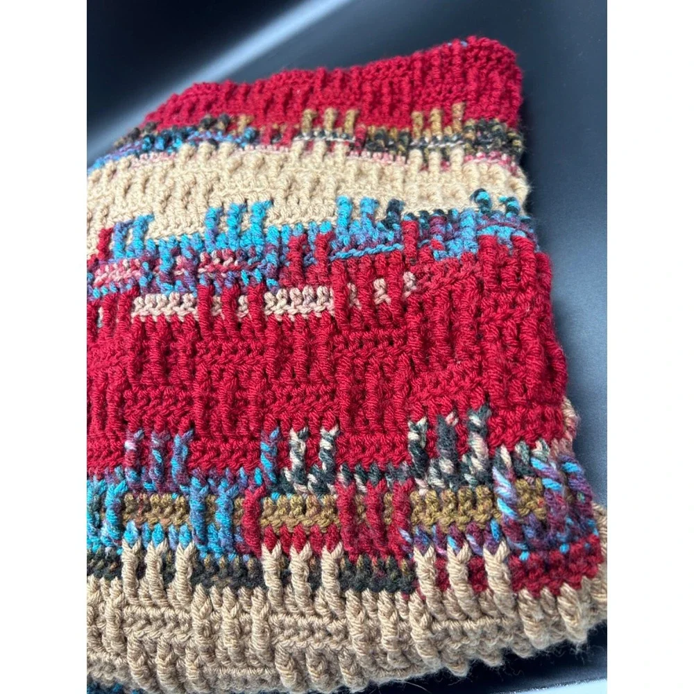 Handmade‎ Crochet Burgundy Teal Taupe Throw Afghan Blanket Stripe Geo 33